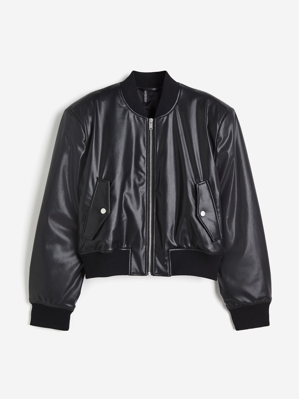 H&M Divided Black Faux Leather Bomber Jacket Zip Front Shoulder Pads Size L